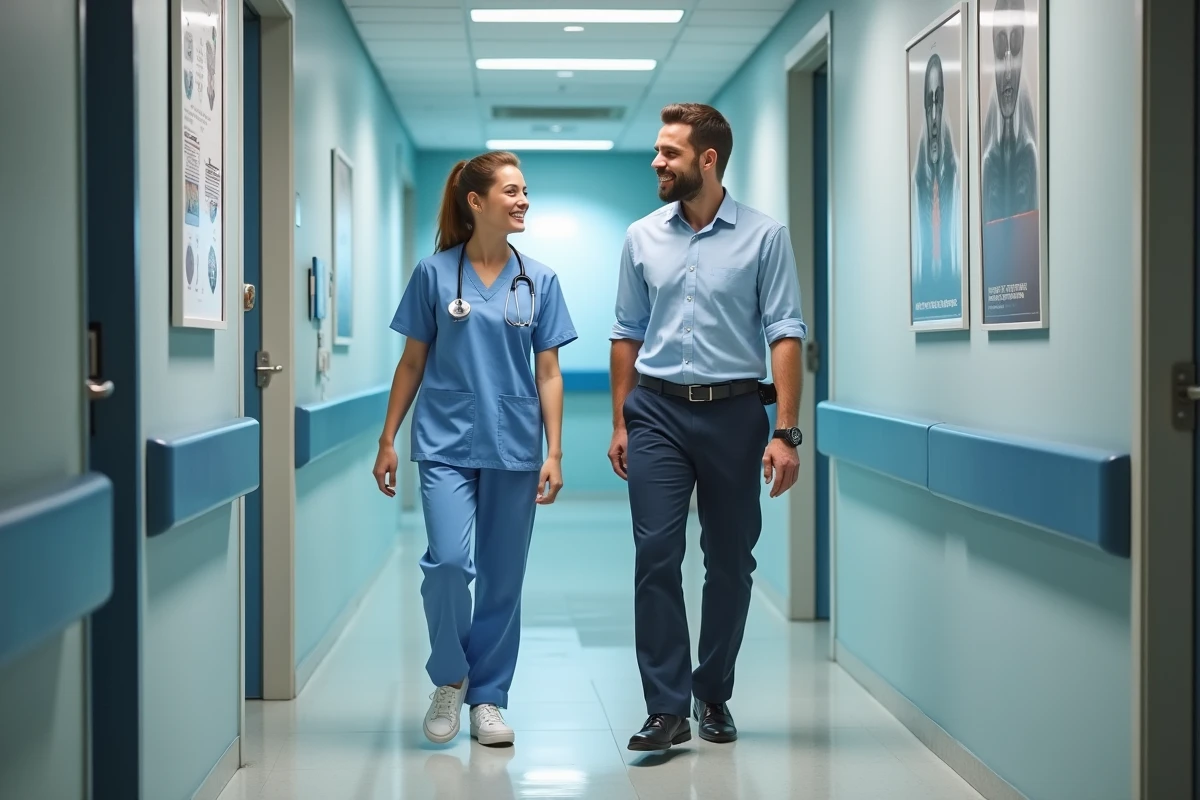 Jeune homme parlant avec technicien en clinique privée