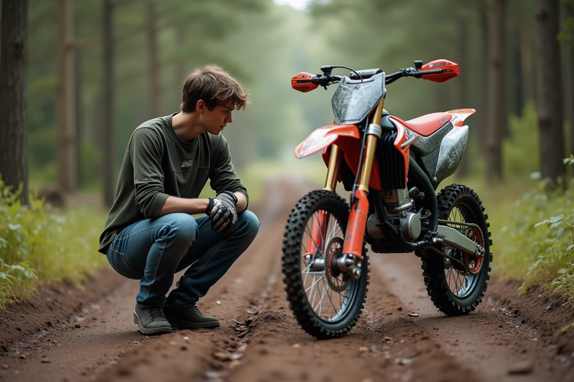 Jeune rider compare deux roues de dirt bike en nature