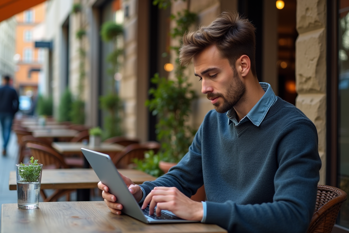 Jeune professionnel assis en terrasse de café en ville utilisant une tablette