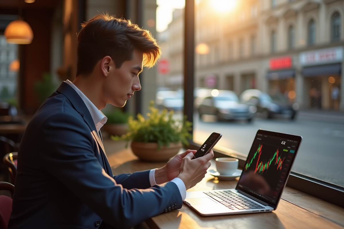 Jeune professionnel vérifiant une appli crypto au café