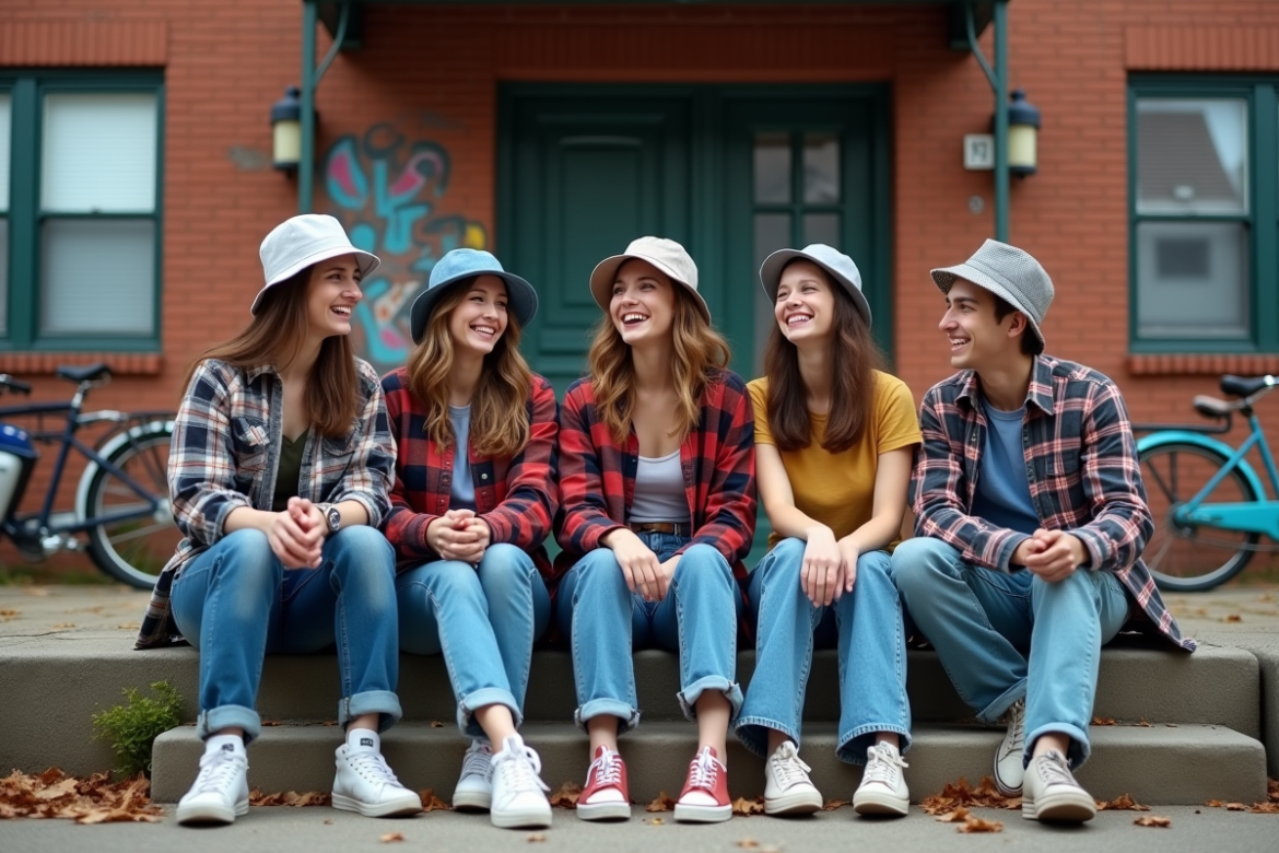 Groupe de jeunes en mode 90s dans la rue urbaine