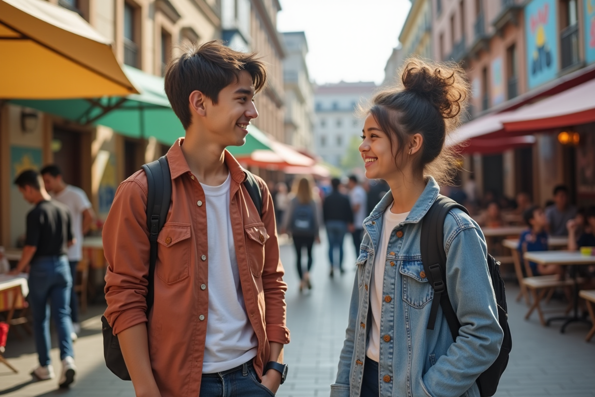 Deux adolescents discutant dans une place urbaine colorée