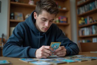 Joueur adulte examinant une carte Pokémon de type Psy holographique à son bureau de jeu