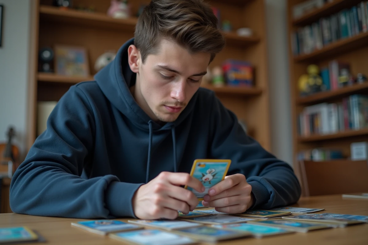 Joueur adulte examinant une carte Pokémon de type Psy holographique à son bureau de jeu
