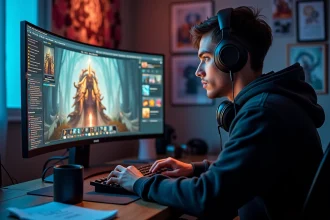 Joueur concentré devant un écran de jeu MMORPG avec interface d'équipement et de stuff, ambiance gamer réaliste