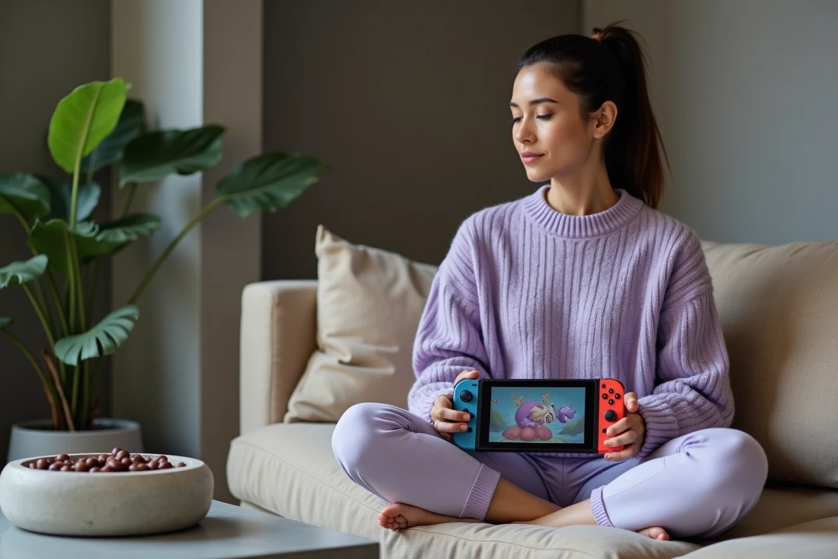 Joueuse adulte sur canapé utilisant un type Psy dans un combat Pokémon sur Nintendo Switch