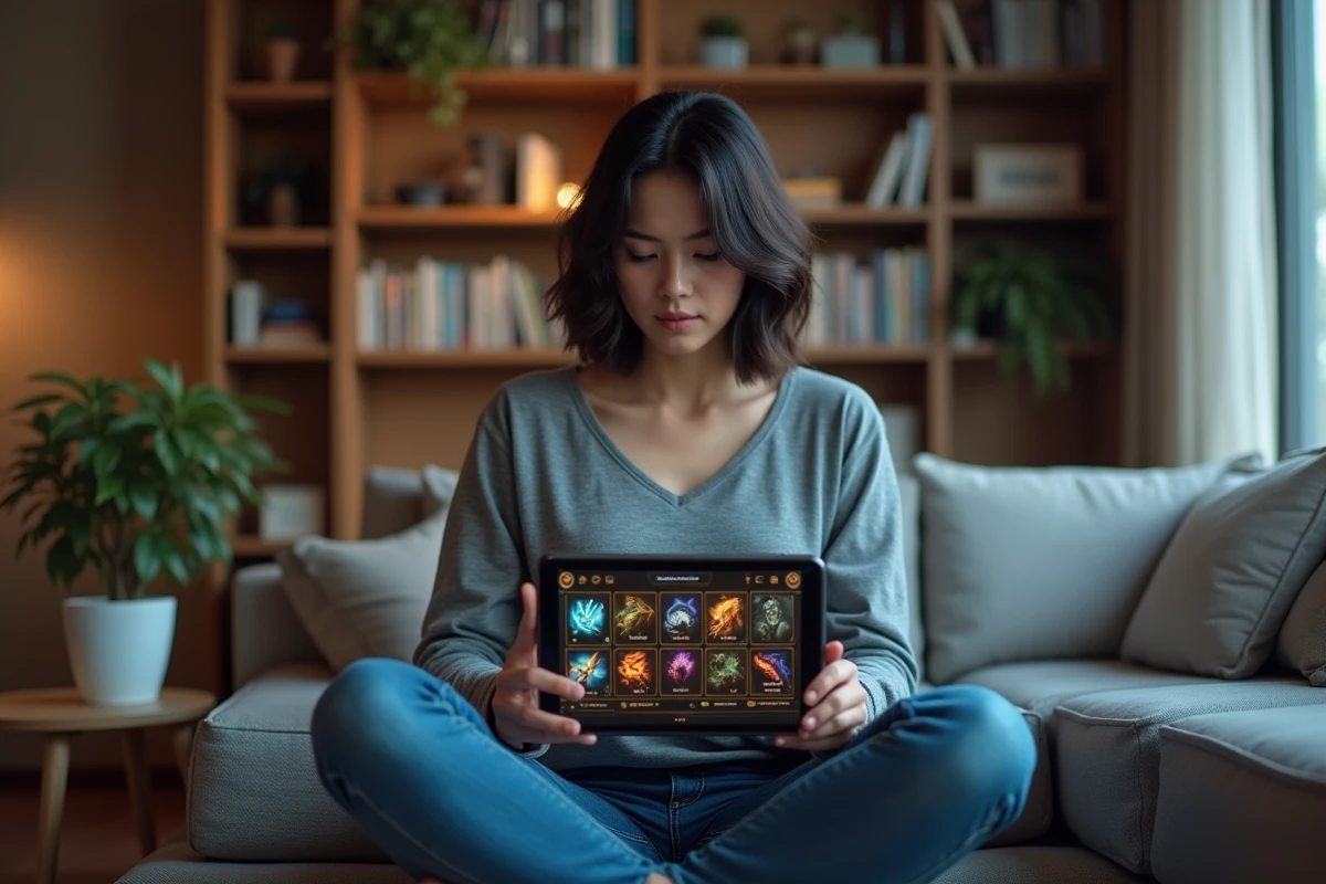 Joueuse analysant les équipements et stuffs sur tablette pour un jeu de rôle en ligne type Dofus