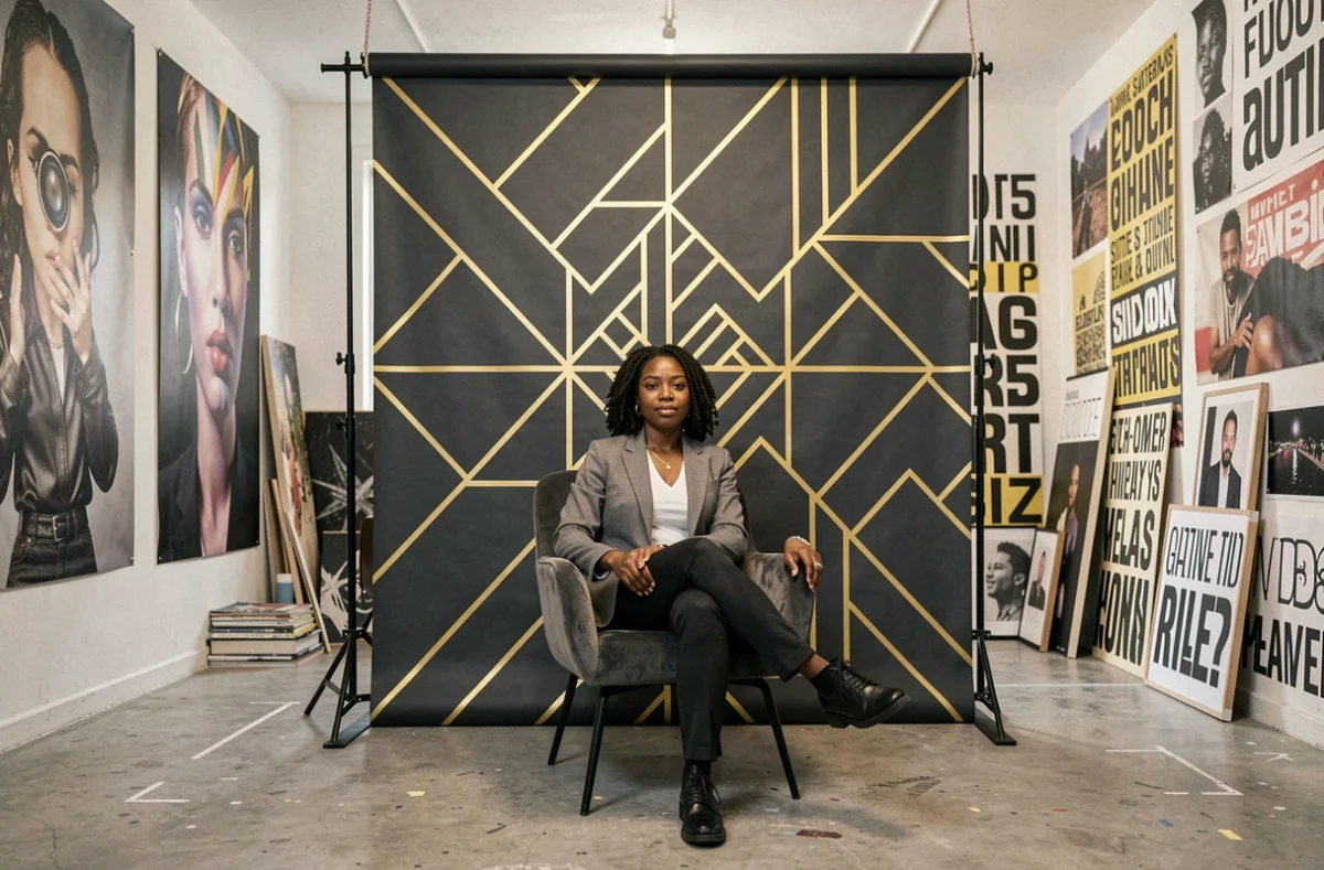 Portrait éditorial d'une femme élégante dans le studio créatif Labo Elegance Graphique Paris à Saint-Ouen, entourée d'œuvres graphiques