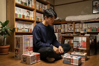 Fan de manga lisant des volumes de Demon Slayer dans une chambre japonaise entourée de scans et de tomes empilés