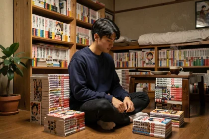 Fan de manga lisant des volumes de Demon Slayer dans une chambre japonaise entourée de scans et de tomes empilés