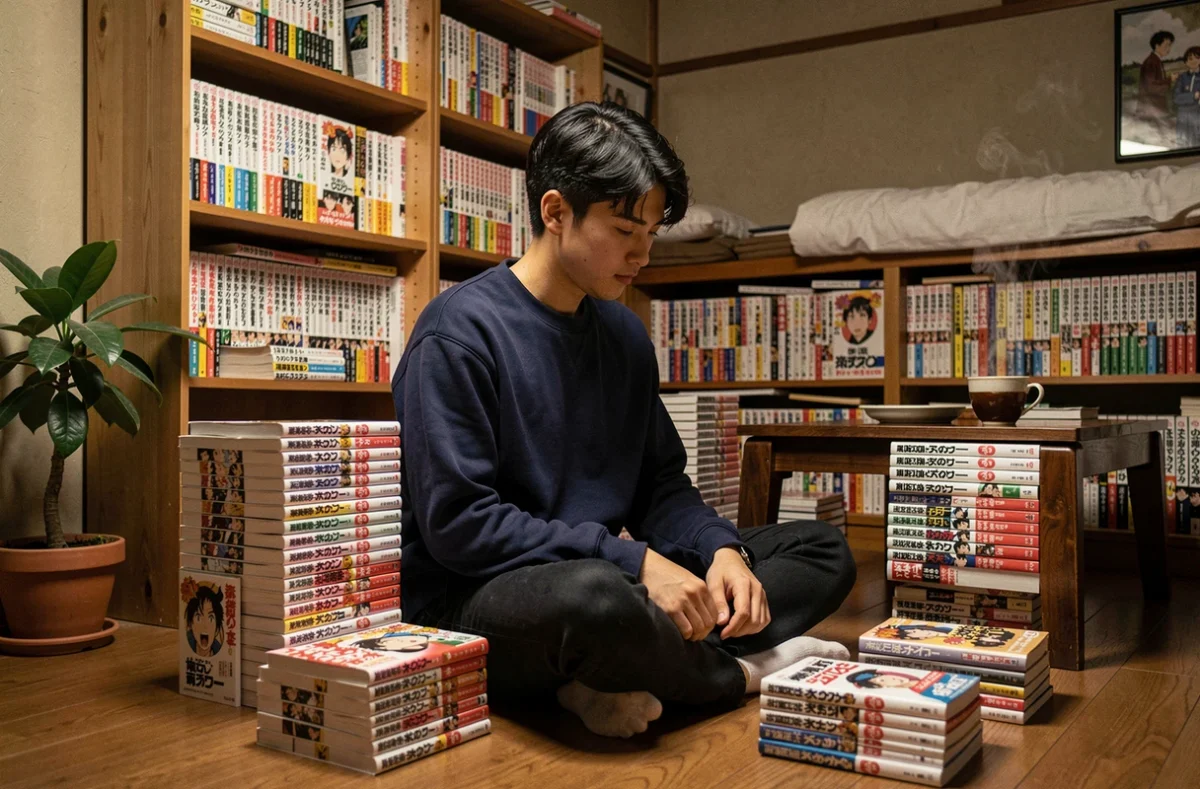 Fan de manga lisant des volumes de Demon Slayer dans une chambre japonaise entourée de scans et de tomes empilés