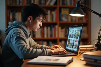 Jeune homme lisant des chapitres de manga en français sur son ordinateur portable entouré de volumes posés sur un bureau en bois