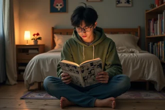 Jeune homme lisant un manga One Piece dans sa chambre entourée de volumes manga japonais