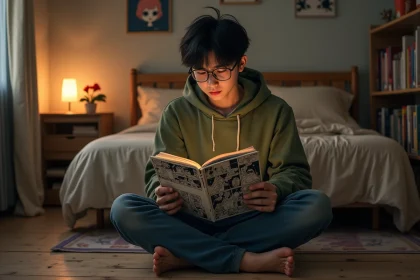 Jeune homme lisant un manga One Piece dans sa chambre entourée de volumes manga japonais