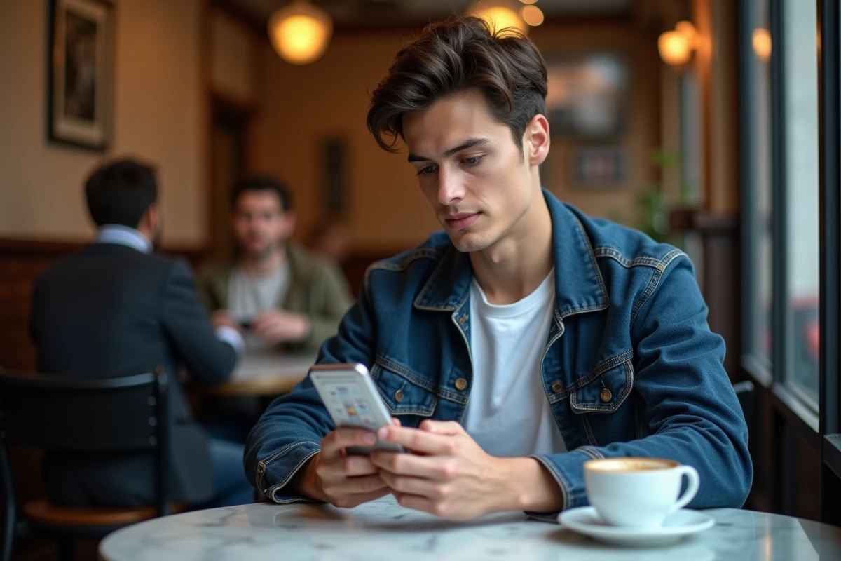 Jeune adulte consultant des chapitres de manga en français sur smartphone dans un café parisien