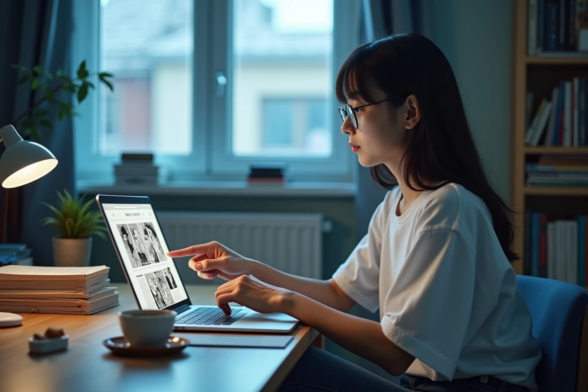 Jeune femme lisant un scan manga One Piece en français sur ordinateur portable dans une chambre d'étudiante