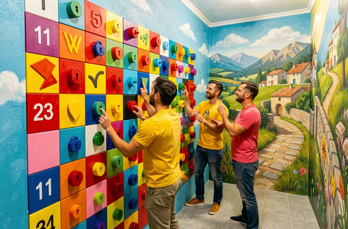 Joueurs interagissant avec un mur d'énigmes coloré inspiré de la Drôme Provençale aux Couleurs de Donzère