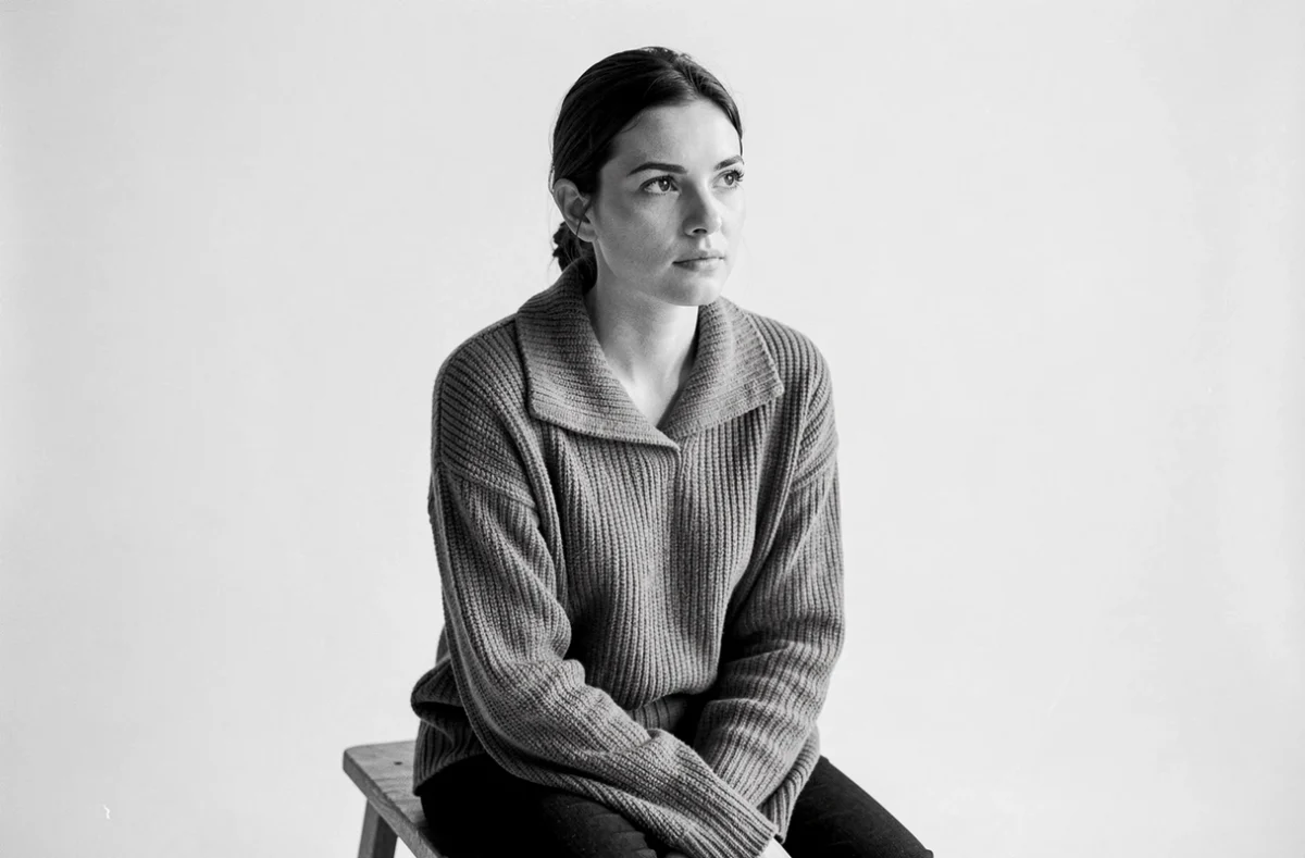 Portrait en noir et blanc d'une jeune femme en pull texturé, assise sur un tabouret en bois dans le studio Lotus Studio à Montreuil