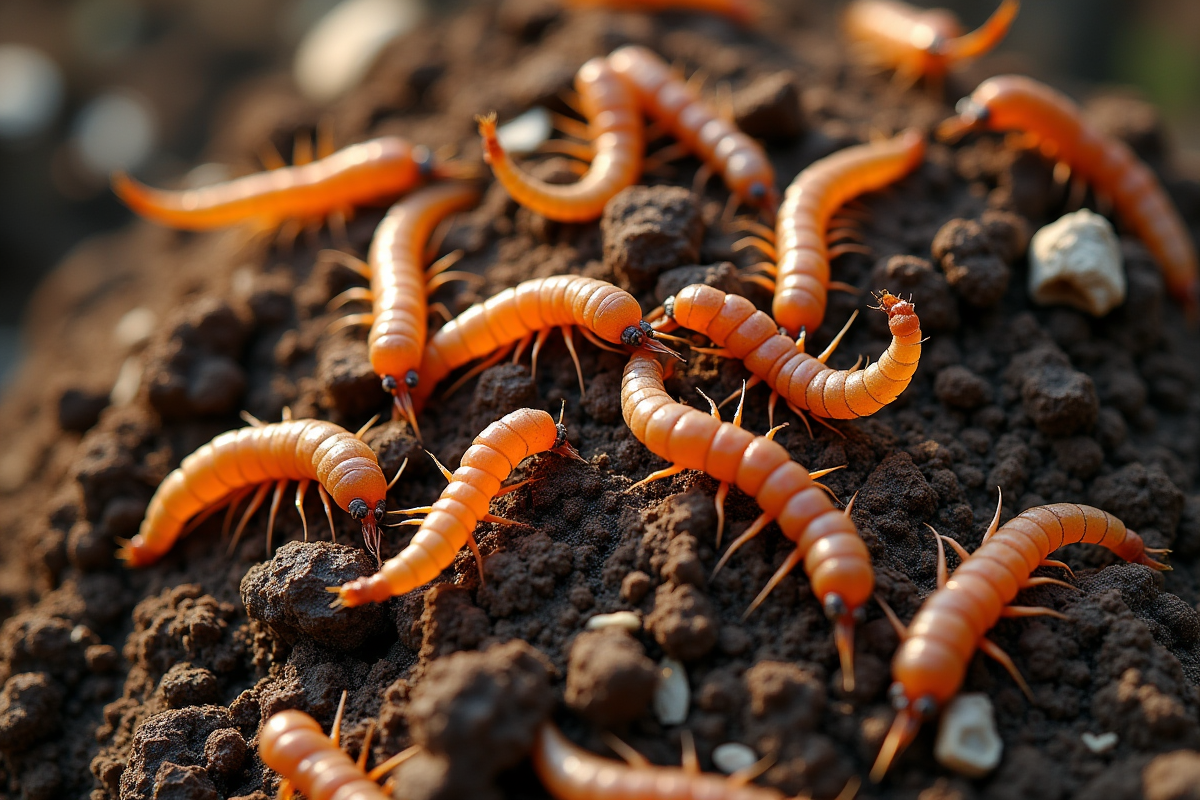Vue du dessus de vers décomposant des déchets organiques en compost