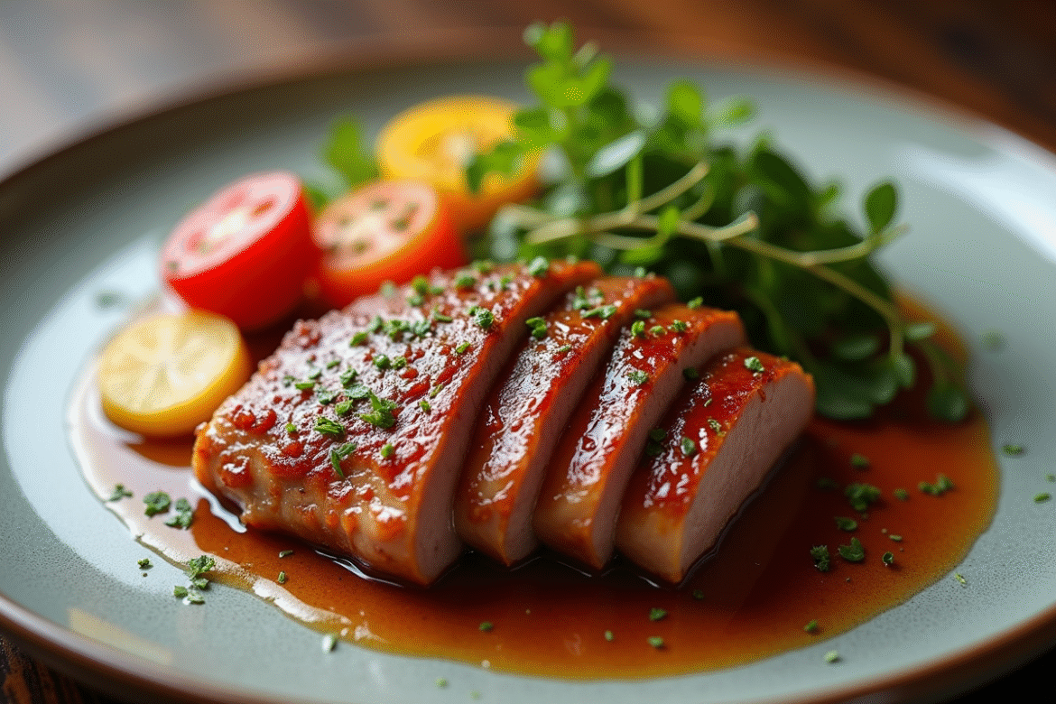 Magret de canard élégant avec peau croustillante et légumes colorés