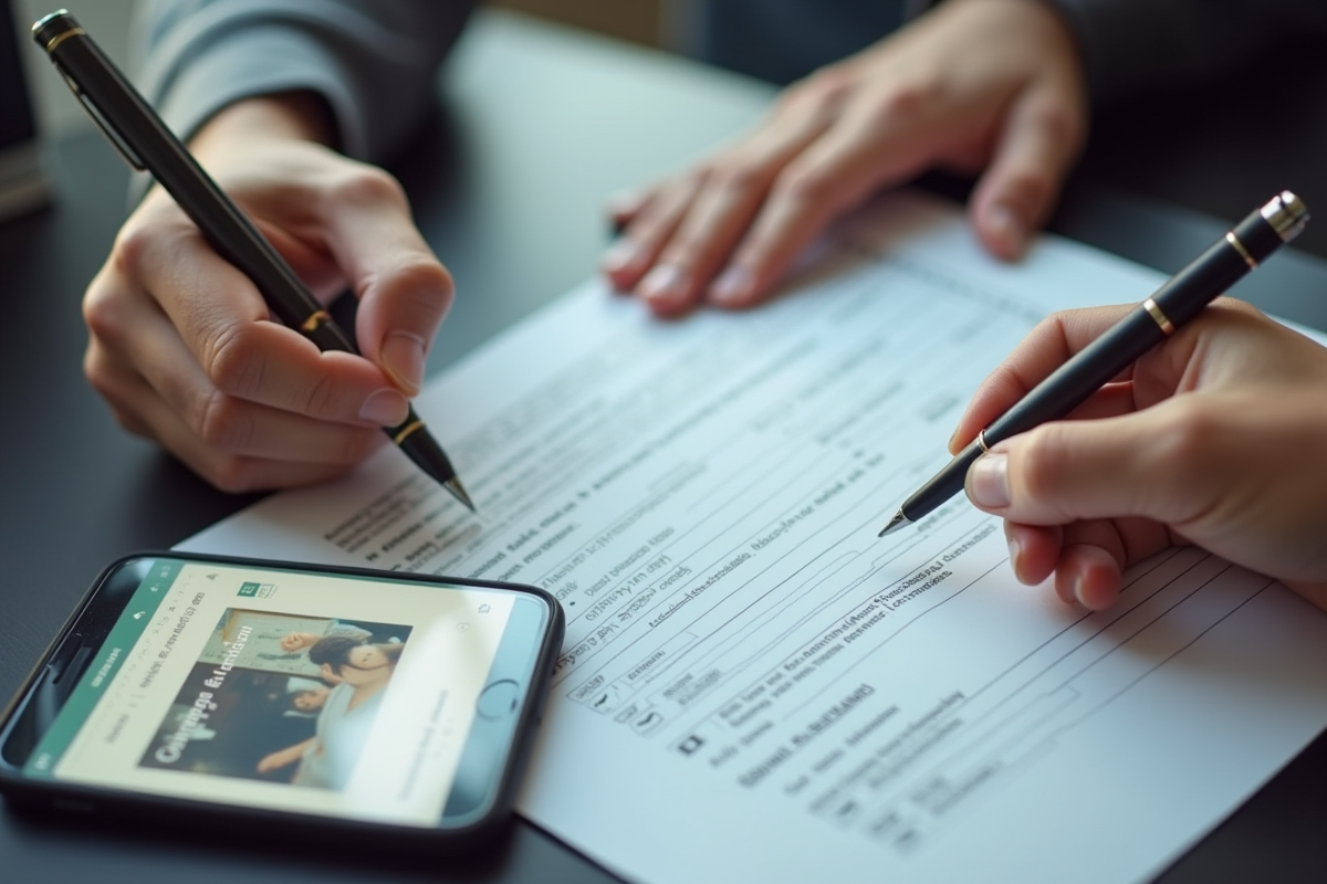 Mains remplissant un formulaire de changement de banque avec un smartphone à côté