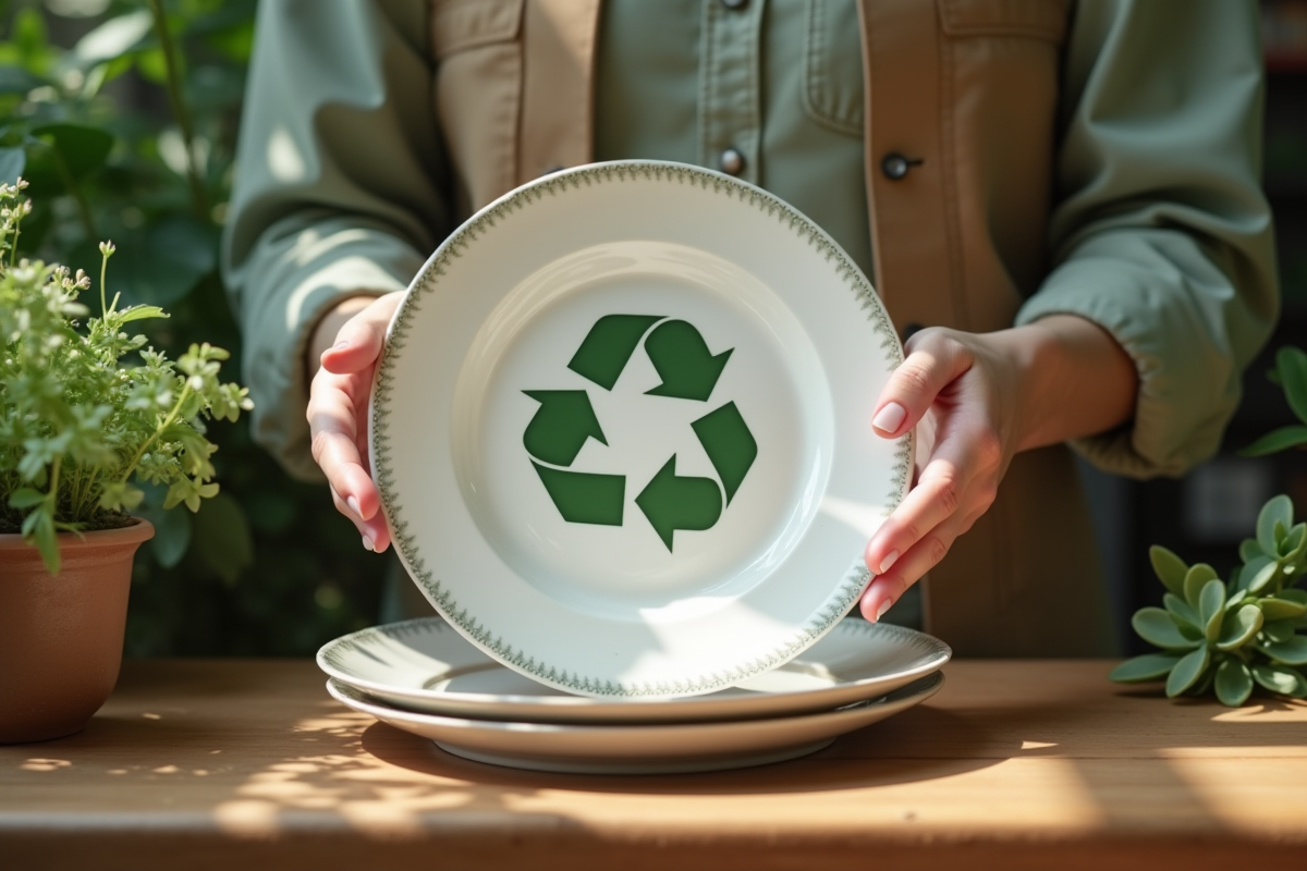 Mains tenant des assiettes vintage avec un signe de recyclage
