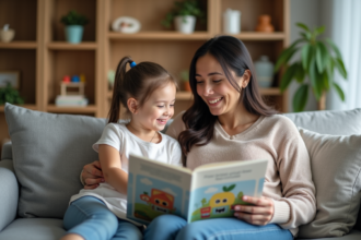 Femme lisant un livre à sa fille dans un salon familial