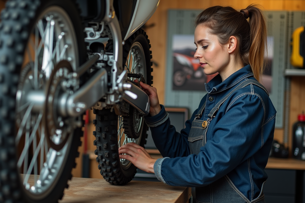 Femme mécanicienne monte une roue de dirt bike en atelier