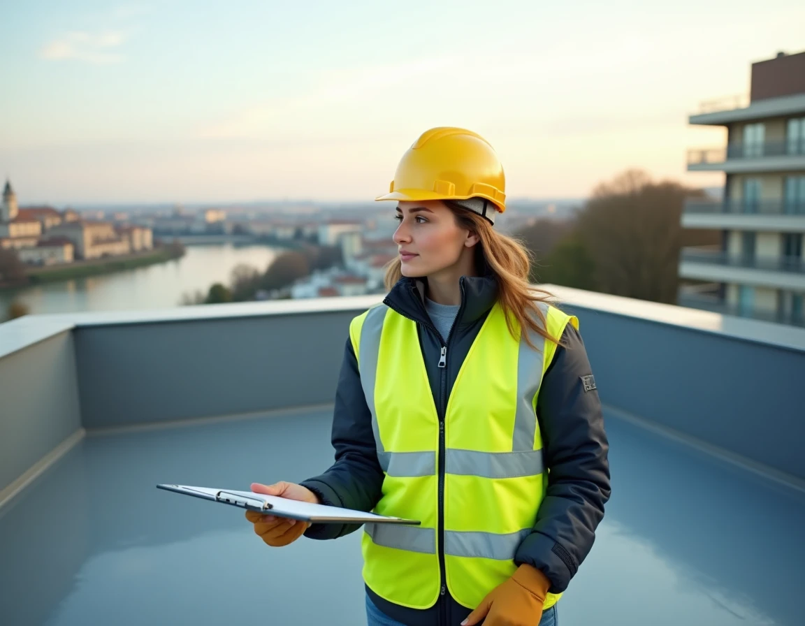 Professionnelle de Megan Couverture inspectant une terrasse étanche sur un immeuble moderne à Lyon