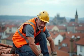 Couvreur professionnel travaillant sur les toits de Lyon avec la basilique de Fourvière en arrière-plan