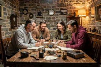 Groupe de joueurs résolvant des énigmes dans un escape game typique de la Drôme, entourés de cadenas et d'indices
