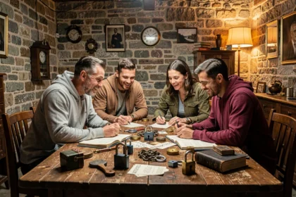 Groupe de joueurs résolvant des énigmes dans un escape game typique de la Drôme, entourés de cadenas et d'indices
