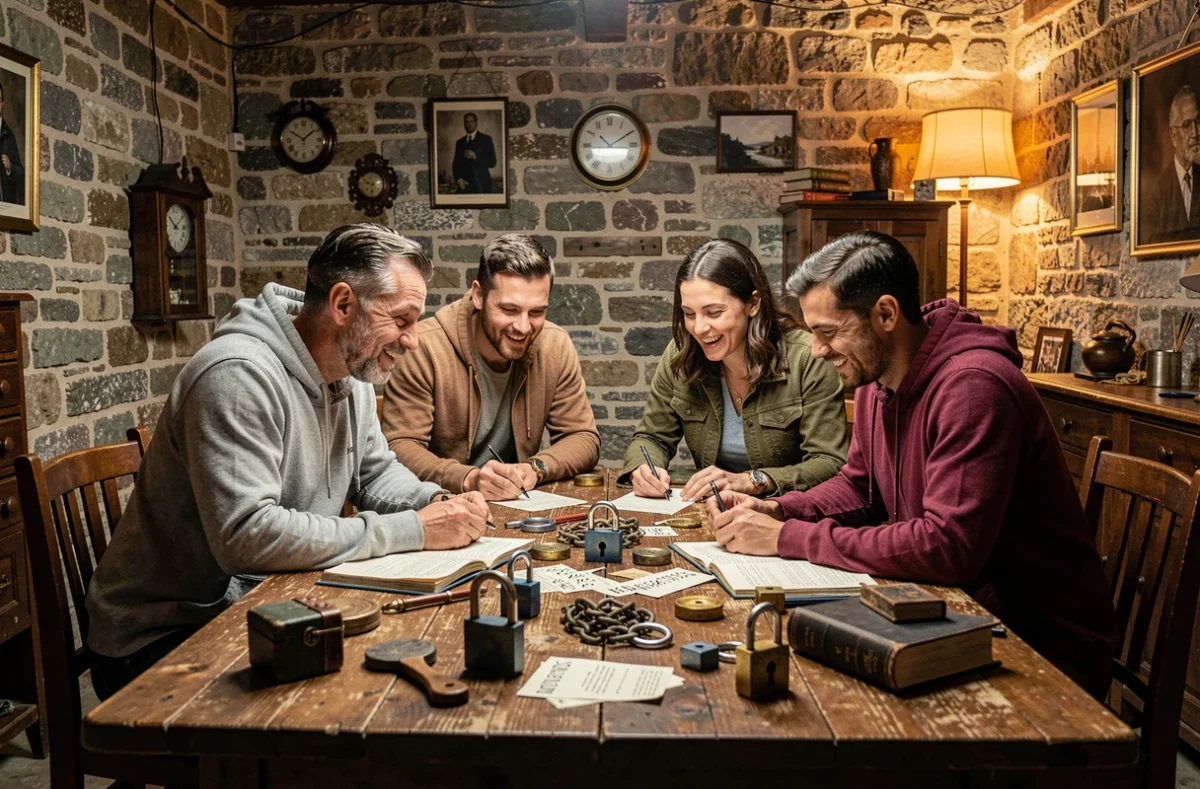 Groupe de joueurs résolvant des énigmes dans un escape game typique de la Drôme, entourés de cadenas et d'indices