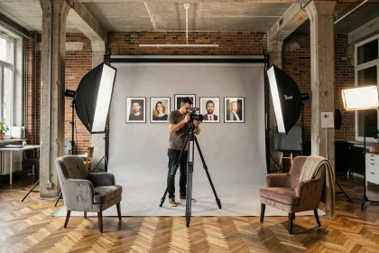 Vue d'ensemble d'un studio de photographie portrait professionnel en Seine-Saint-Denis, avec un photographe travaillant devant un fond neutre dans un loft industriel