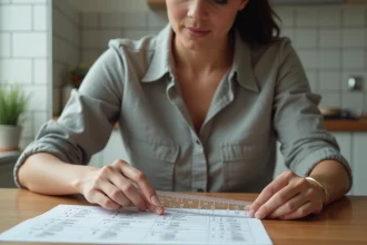 Femme mesurant son pouce en centimètres avec une règle pour convertir sa taille en ligne