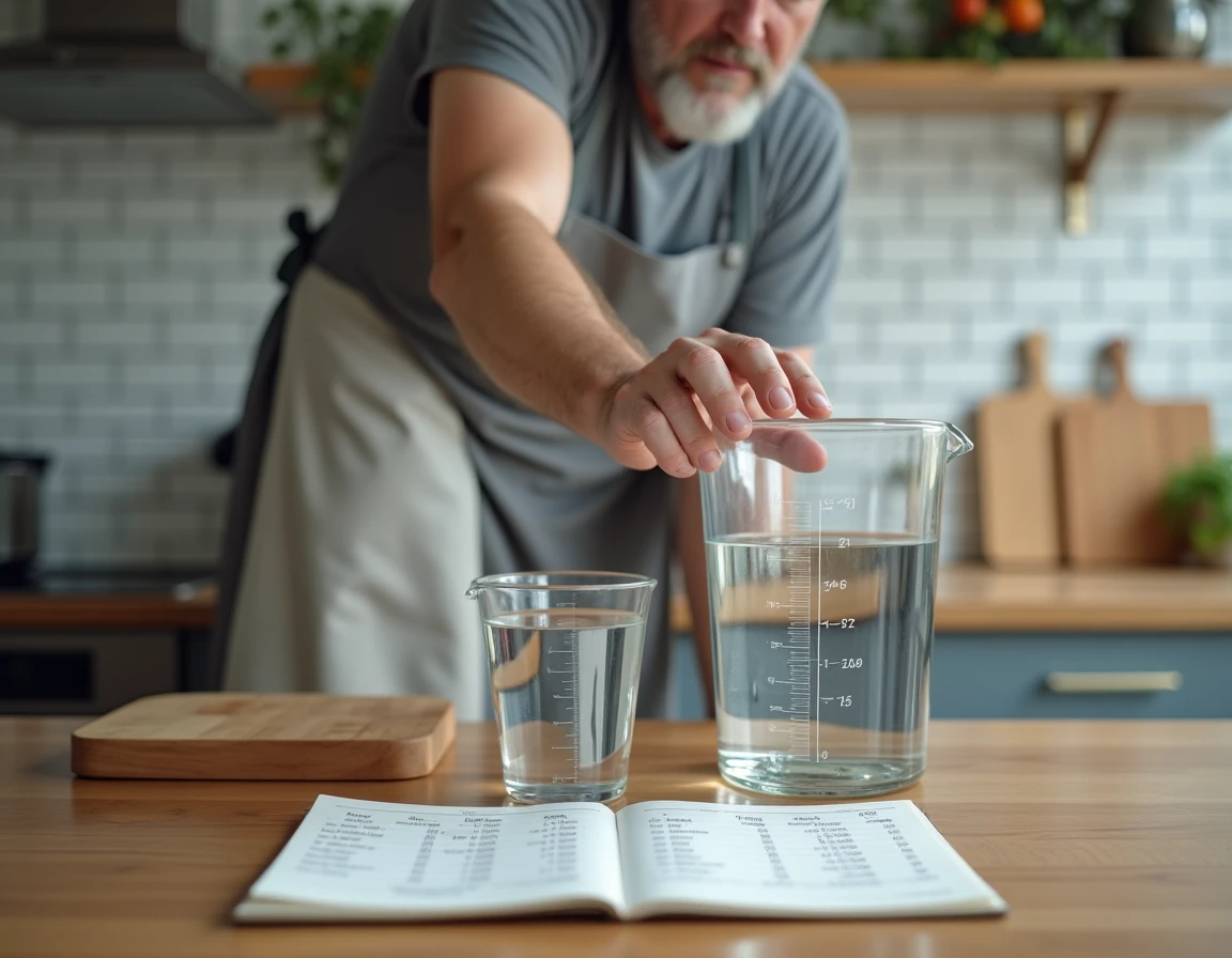 Homme en tablier lisant les graduations d'un verre mesureur en cuisine pour convertir des litres en millilitres