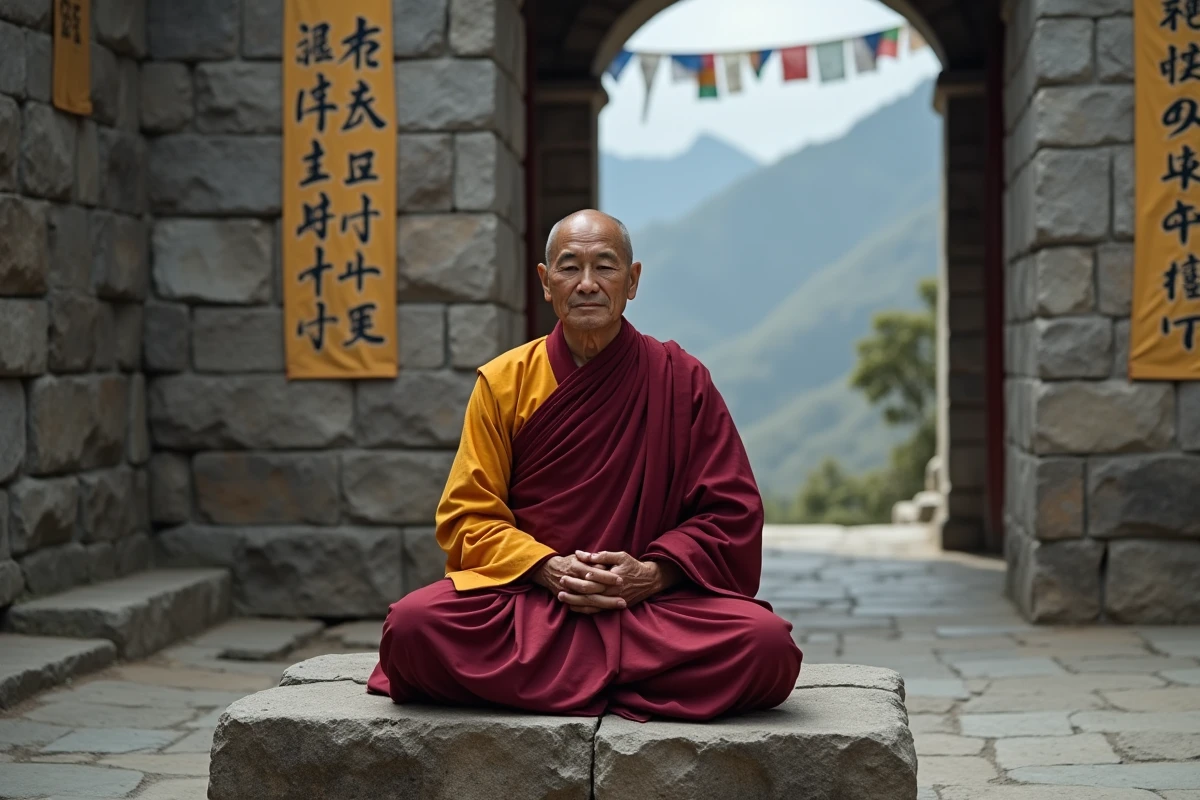 Moine bouddhiste tibétain récitant le mantra Om Mani Padme Hum dans un monastère de l'Himalaya