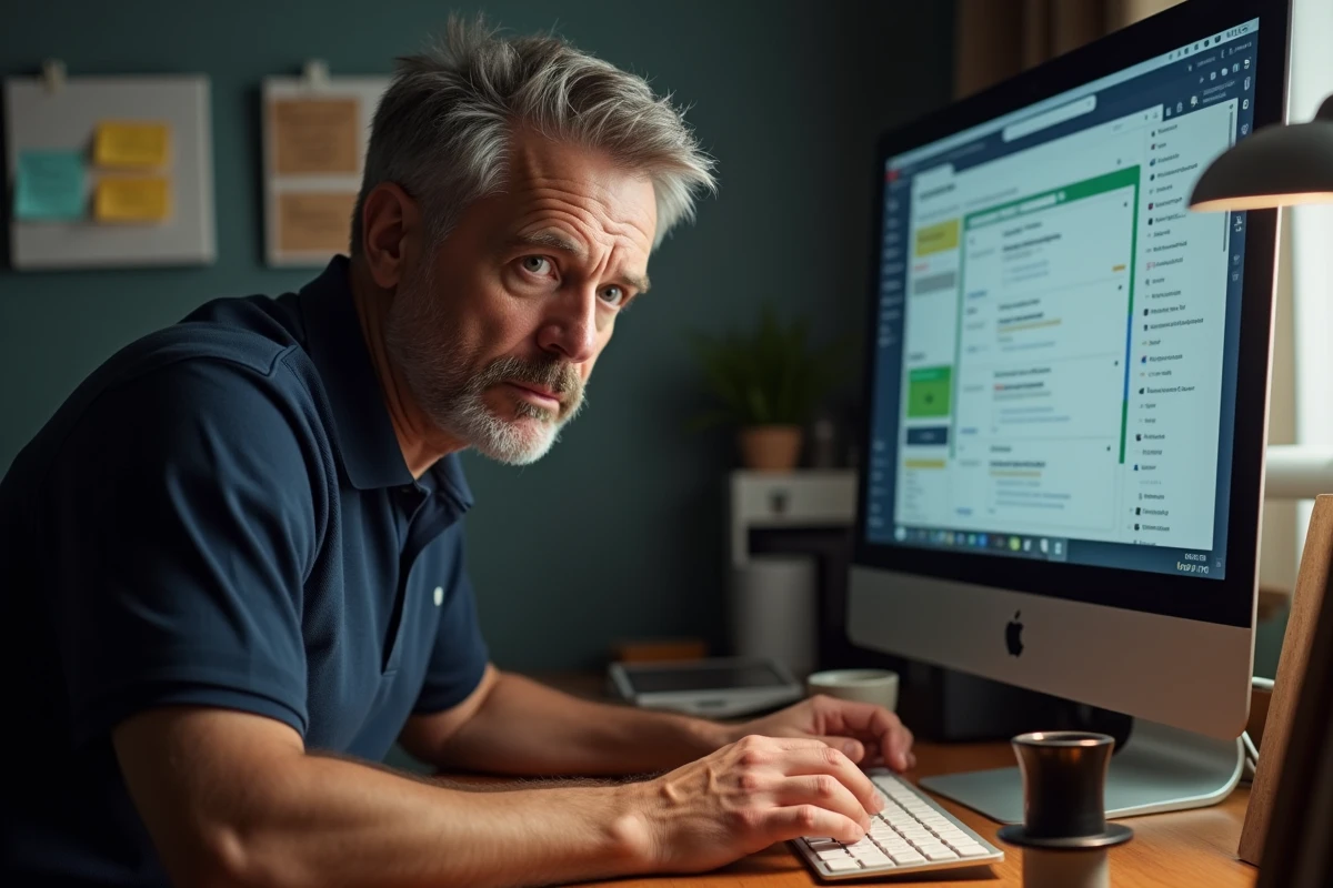 Homme adulte recherchant une version gratuite du Monopoly sans téléchargement sur un navigateur internet depuis son bureau