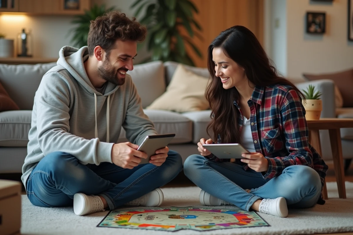 Deux amis jouant au Monopoly en version physique et consultant une version en ligne gratuite sur une tablette dans un salon