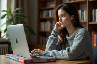 Femme cherchant à jouer au Monopoly gratuit en ligne sur son ordinateur portable, avec le plateau de jeu posé sur son bureau