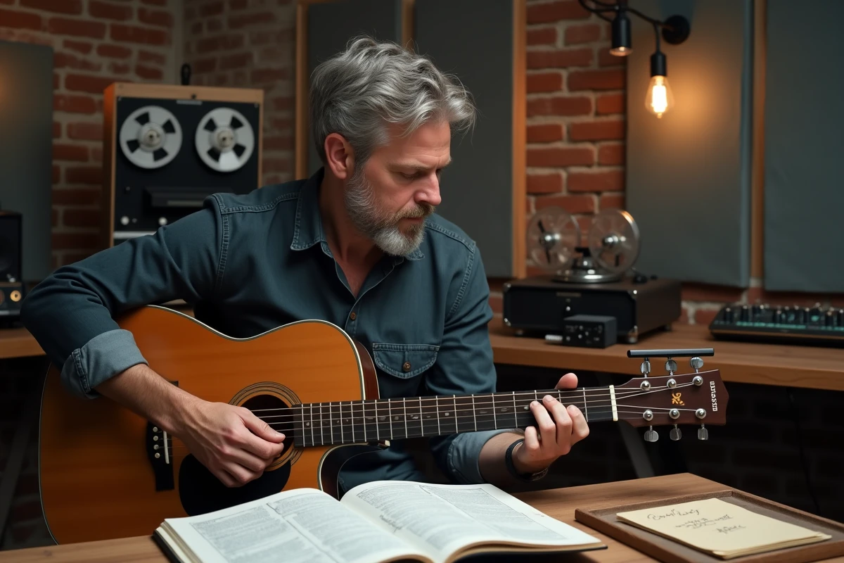 Musicien en studio travaillant l'arrangement fingerstyle de L'encre de tes yeux de Francis Cabrel sur une guitare acoustique parlor