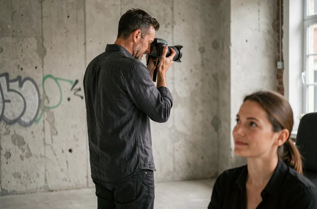 Photographe Nicolas N. en action dans son studio minimaliste de Pantin, composant un portrait avec un appareil photo professionnel devant un mur en béton brut