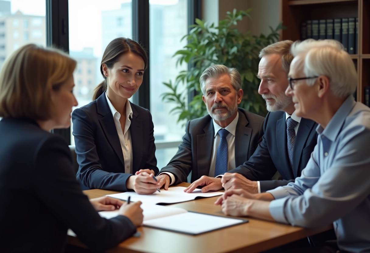 Notaire professionnelle avec famille dans un bureau moderne