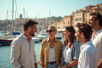 Groupe de nouveaux habitants de Marseille discutant sur le Vieux-Port en 2026, reflet de la diversité de la population marseillaise