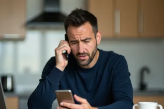 Homme frustré regardant son smartphone en essayant de passer un appel bloqué depuis son appartement