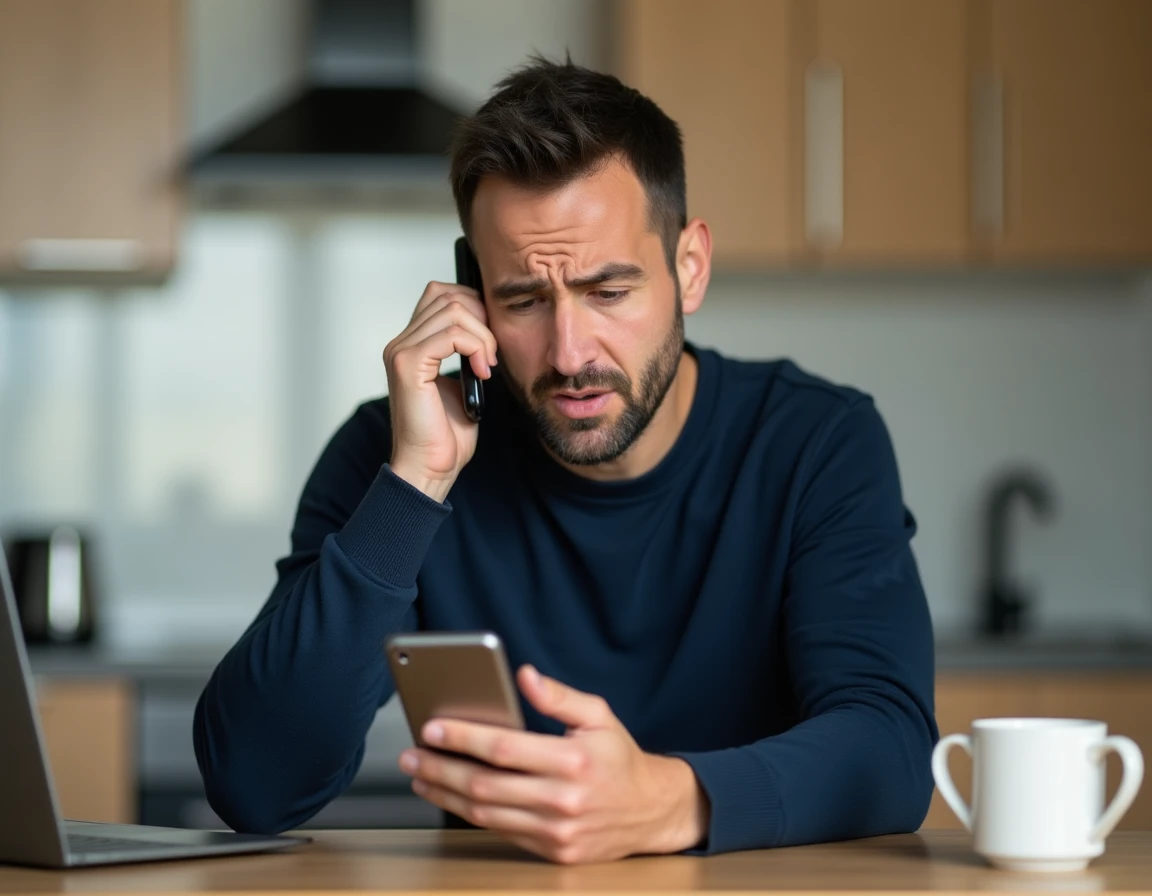 Homme frustré regardant son smartphone en essayant de passer un appel bloqué depuis son appartement