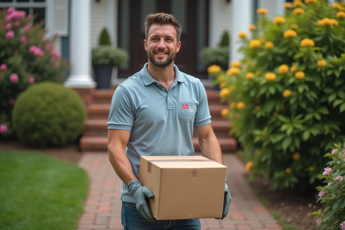 Homme professionnel portant une caisse devant une maison