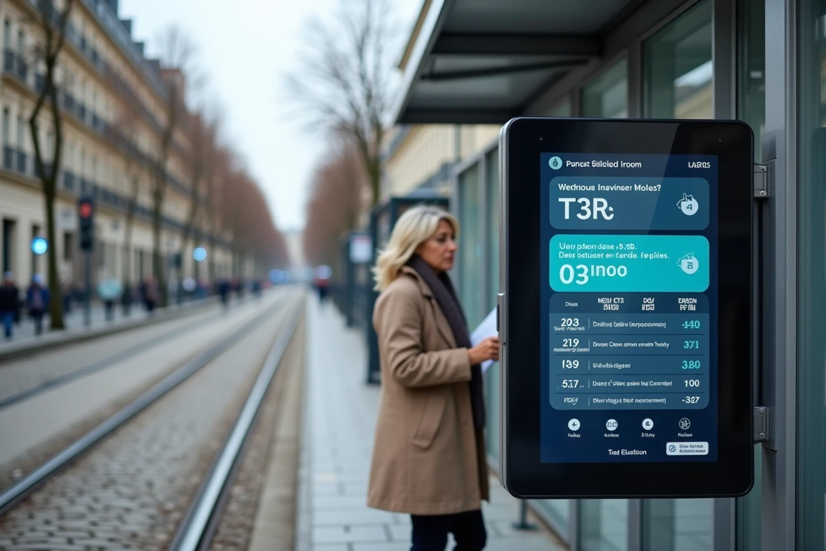 Panneau d'information en temps réel à un arrêt du tramway T3B affichant les horaires et perturbations