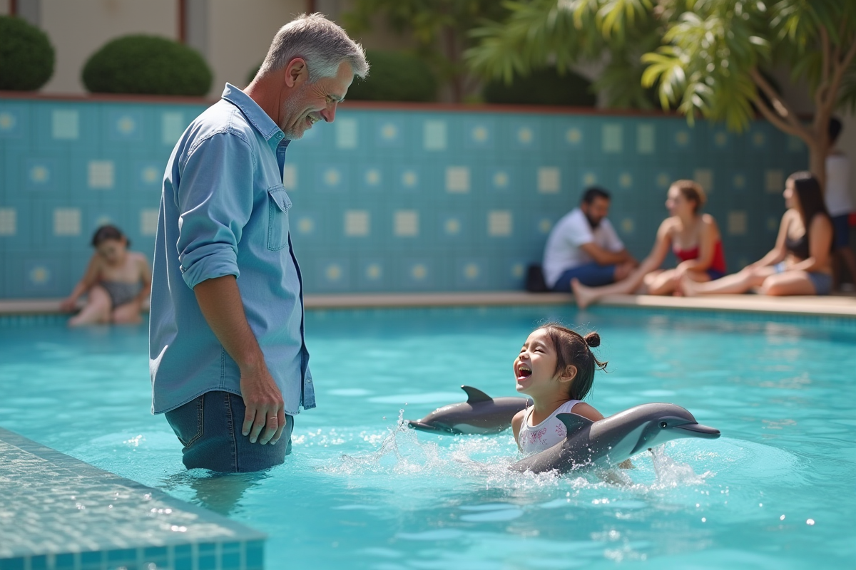 Père surveillant sa fille qui imite un dauphin dans la piscine