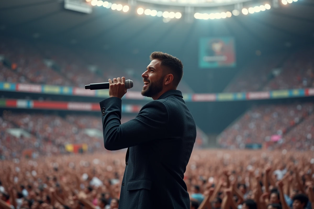 Vocaliste en costume lors d’un concert en plein air avec foule